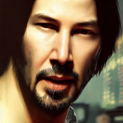 Image similar to young Keanu Reeves portrait, Cyberpunk 2077, photorealistic, ultra detailed, cybernetic body, neon, octane, bokeh, 8k