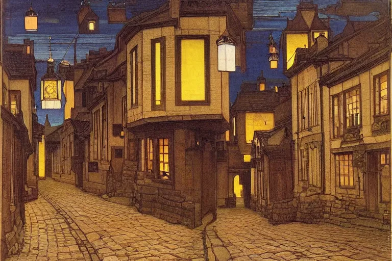 Prompt: winding street at midnight in a very old very beautiful city by ford madox brown and Nicholas Roerich and William Dyce, glowing paper lanterns, strong dramatic cinematic lighting , ornate tiled architecture, lost civilizations, smooth, sharp focus, extremely detailed