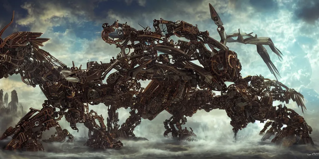 Image similar to steampunk mecha dragon charging up a powerful attack, scifi, extremely detailed