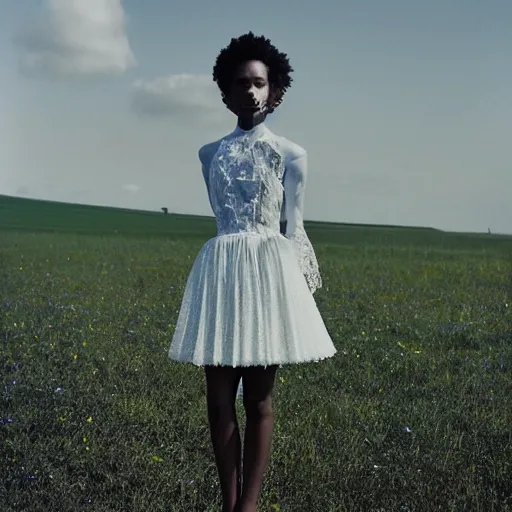 Image similar to realistic!!! photoshoot for a new dior lookbook, color film photography, portrait of a beautiful woman, location on a open field, in style of tyler mitchell, 35mm