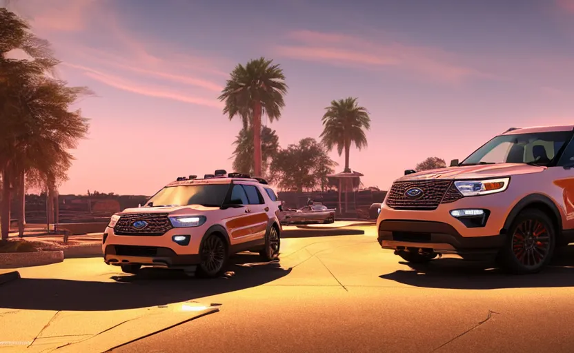 Image similar to a ford explorer parked at a drive in movie theater at sunset, concept art, hyperrealistic, octane render, unreal engine 5, path traced, highly detailed, high quality, 8 k, dramatic lighting, cinematic, high coherence, symmetrical, high contrast, lens flare, godrays