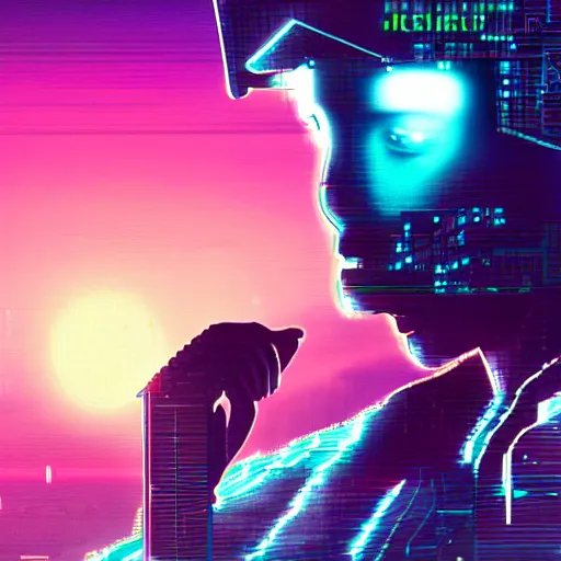 Image similar to cyberpunk hacker surfing through synthwave cyberspace