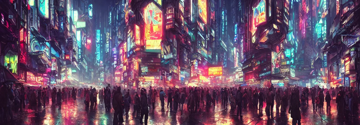 Image similar to overly crowded street of a cyberpunk city, rain, harsh neon lights, highly detailed, digital painting, trending on artstation, concept art, sharp focus, illustration, art by artgerm and greg rutkowski and magali villeneuve