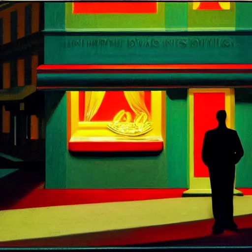 Image similar to an 80s dinner at night, the lights light up the street, Man with a paper bag over his head, in the style of Edward Hopper, 4K,