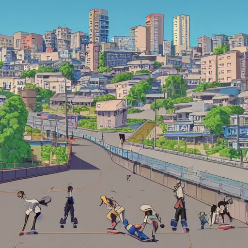 Image similar to city street, sloped street, city on tall hillside, street scene, rollerbladers grinding on rails, skaters, rollerskaters, cel - shading, 2 0 0 1 anime, flcl, jet set radio future, golden hour, japanese town, concentrated buildings, japanese neighborhood, electrical wires, cel - shaded, strong shadows, vivid hues, y 2 k aesthetic