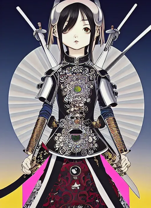 Image similar to takashi murakami, ilya kuvshinov, anime female knight in. ornate armor by, last exile, murata range, fine detail, perfect, dramatic lighting, dynamic composition, art deco, cel shading, vivid, rich texture, alphonse mucha, ( ( ( colorful ) ) ), ( ( ( yoshinari yoh ) ) ),