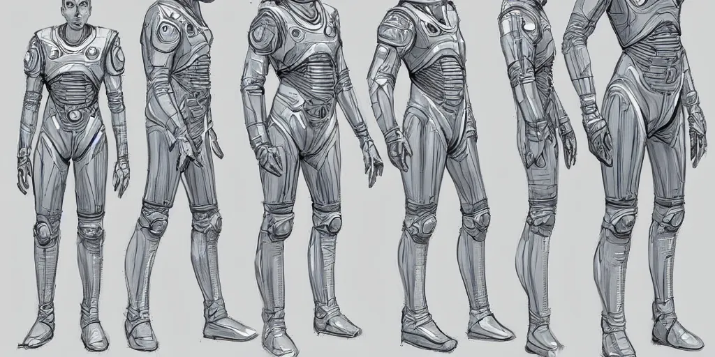 Image similar to male, space suit, character sheet, concept art, very stylized, large shoulders, short torso, long thin legs, cartoon proportions, tiny feet, concept design, by jean giraud