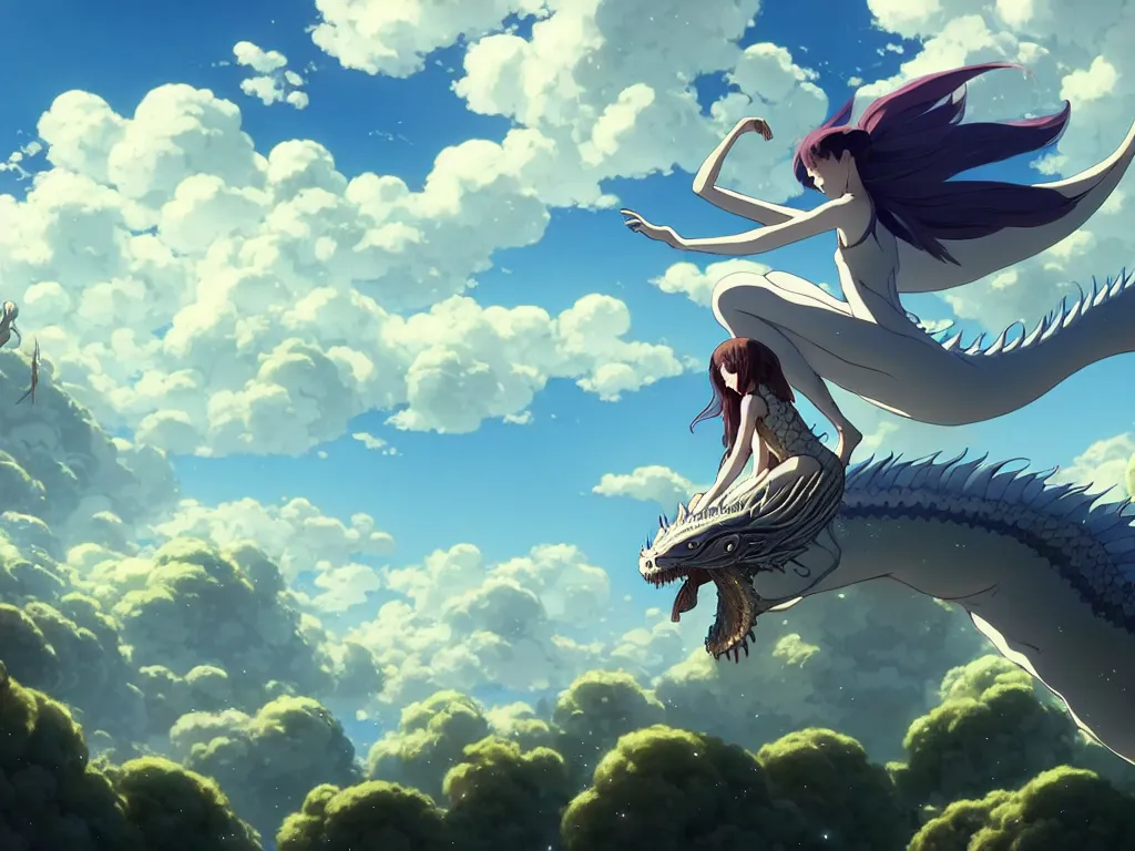 Image similar to a vast scene, panorama distant view, hyper detailed scene render of a beautiful girl sit on a huge silver dragon back, in the white clouds fairyland, animation portrait concept art, style of makoto shinkai, xision, james jean and peter mohrbacher, studio ghibli, artgerm, karol bak, beeple, 4 k hd, animation style