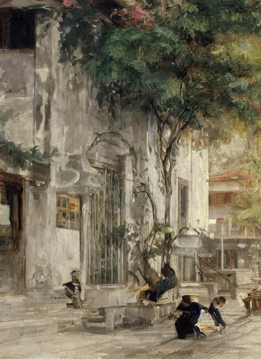 Image similar to artwork painting a wall on a hong kong building side by eugene von guerard, ivan shishkin, john singer sargent