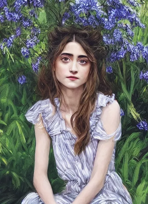 Image similar to a beautiful portrait of Natalia Dyer sitting in a stunning garden, Artgerm, hyperdetailed, realistic