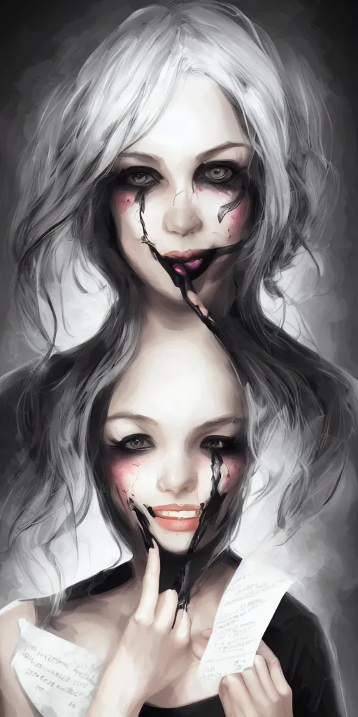 Image similar to A woman in the dark with smudged black makeup holds a piece of paper in front of her mouth with a smile drawn onto it. highly detailed digital painting in the style of Rossdraws, atmpspheric lighting, Anime key visual