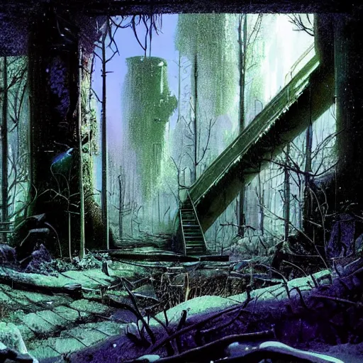 Image similar to stairs leading to a frozen derelict portal in a middle of a snowy lush futuristic forest, green lush world seen only through a portal, daylight, cinematic lighting, blue sky, syd mead, john harris