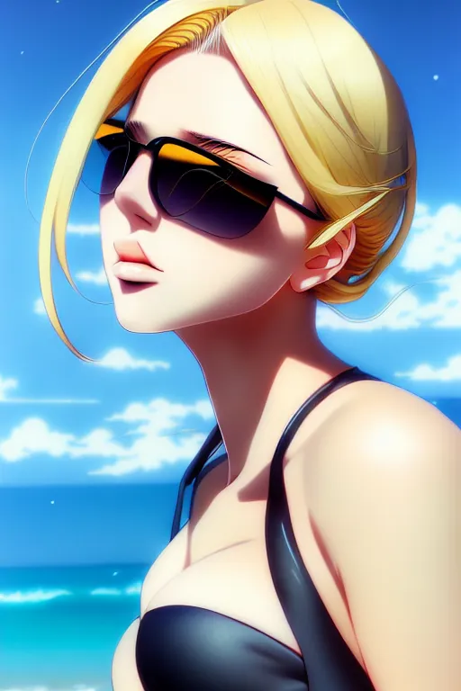 prompthunt: anime portrait of a handsome woman, brown hair, yellow - orange  eyes, wearing sunglasses and two - piece swimsuit, ilya kuvshinov, anime,  pixiv top monthly, trending on artstation, cinematic, danbooru, zerochan