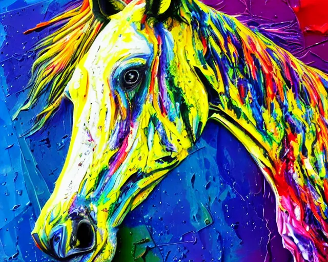 Prompt: abstract expressionist portrait of a horse head made of very thick impasto paint and acrylic pour and coloured powder explosion and splashing paint and dripping paint and flying paint chunks, motion blur, hyperrealistic, intricate art photography, anatomically correct, realistic crisp textures, 1 6 k