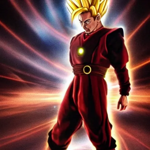 Image similar to robert downey jr. going super saiyan, cinematic, award winning professional photography