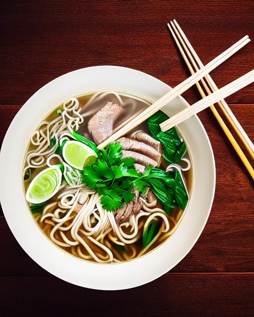 Image similar to realistic photo of delicious pho, ramen, bowl, white kitchen table, cloth, highly detailed, by marc haydon, kailee mandel, masterpiece, award winning, food photography