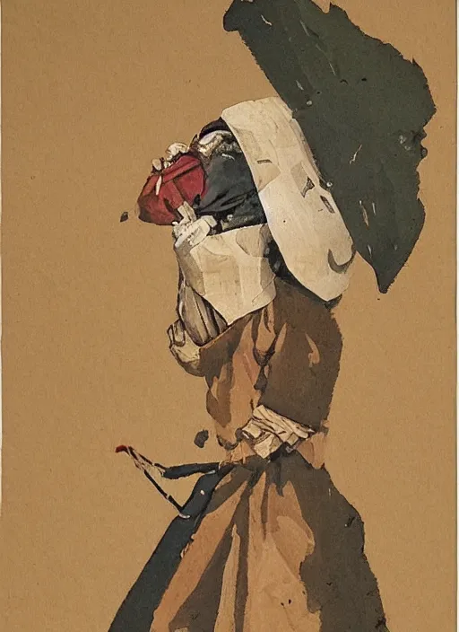 Prompt: woman flying with a paper bag over the head and a sward, Ben Ridgway, highly detailed