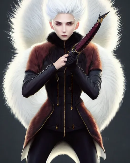 Image similar to dragon hunter wearing a fur - lined dragonhide jacket!!! beautiful and gorgeous elegant white haired female!! symmetry, character concept art, sharp focus, illustration, art by artgerm!! greg rutkowski magali villeneuve wlop!! ilya kuvshinov!! charlie bowater! octane render, unreal engine 5! highly rendered!!