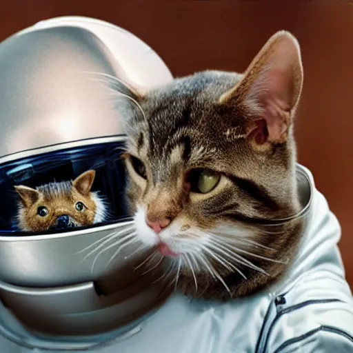 Image similar to cat in spacesuit with hamster in her mouth