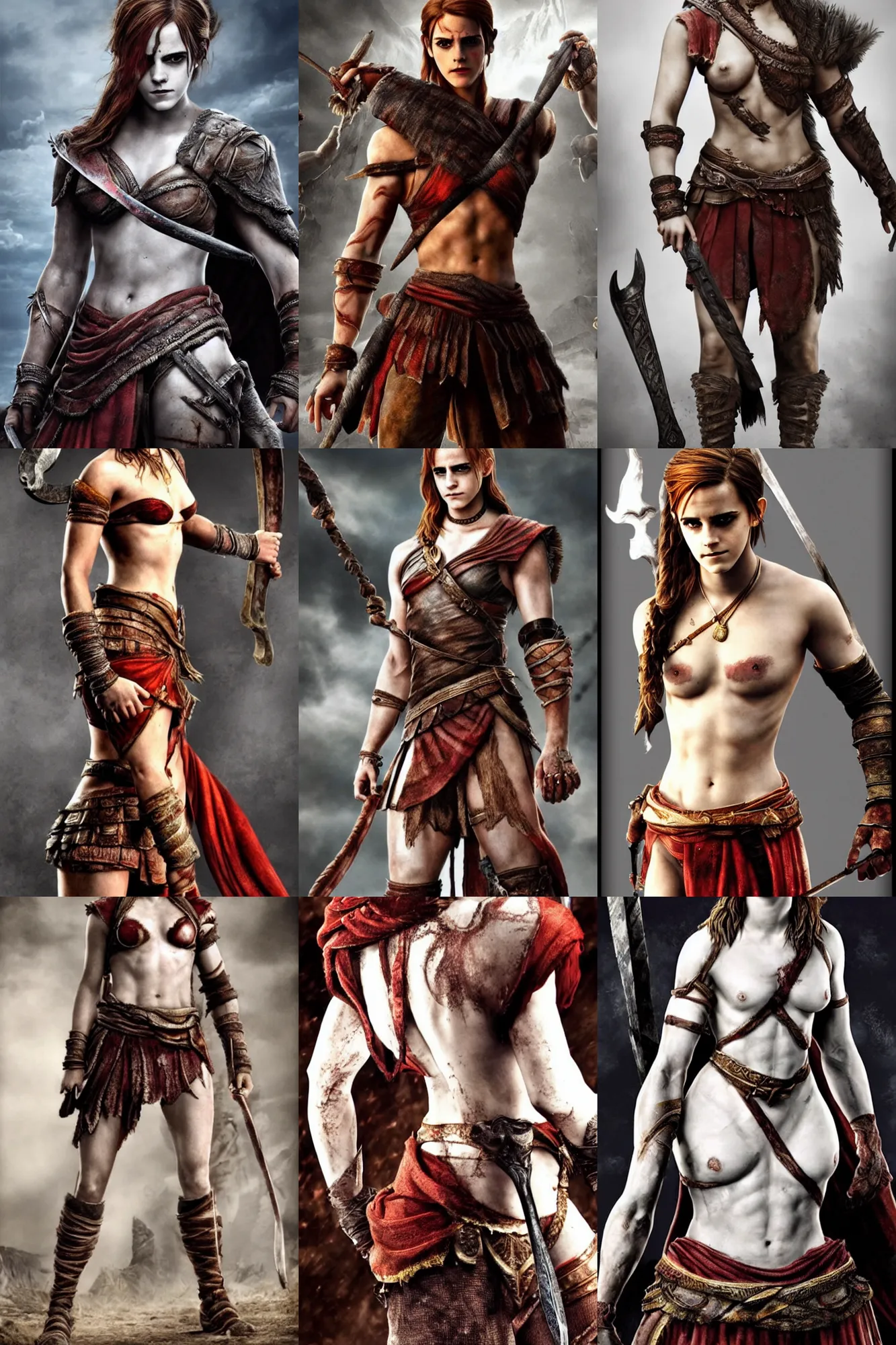 Image similar to Emma Watson as Kratos, brutal, detailed realistic, photorealistic, full body