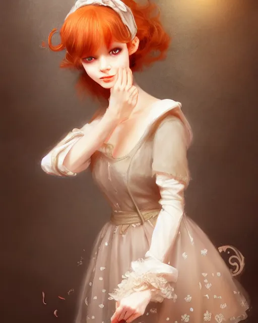 Image similar to maid cafe serving tea, perfect face, bonnet, elegant dress, ginger hair, cinematic, stunning, highly detailed, digital painting, artstation, smooth, hard focus, illustration, art by jessica rossier and and brian froud