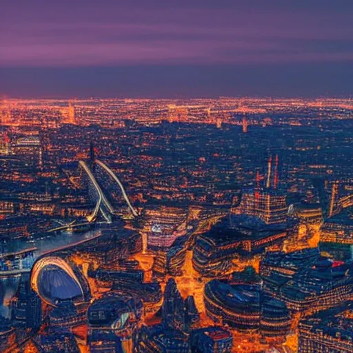 Image similar to london on fire aerial view volumetric lighting