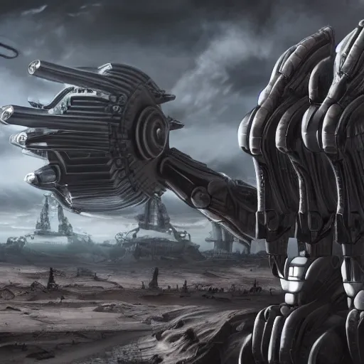 Image similar to Biomechanical Gunadam, War in the background, Space, Alien Planet, Scifi, Gunpla, 4k, Photorealistic, Giger inspired, Retrofuturisitc