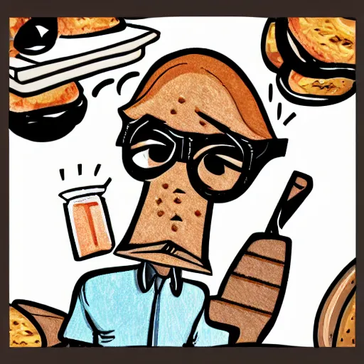 Prompt: epic illustration of bread toast character, with black eyeglasses