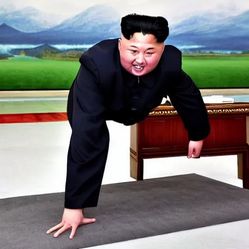 Prompt: Kim Jong Un does Push ups with one hand