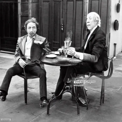 Image similar to jean rochefort and mathieu amalric, symmetric, realistic, realism, early 2 0 th century gentlemen, sitting at coffee table, smoking a cigar.