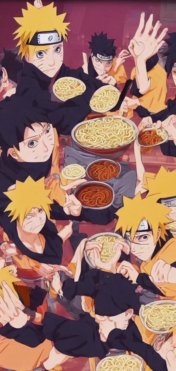 Image similar to naruto eating ramen on a basketball court, anime art