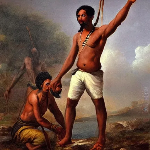 Prompt: Tula, the man leading an indentured slave revolution, Tula the king of indentured slaves freeing everybody, realistic painting, dark background, painting from 1746, high quality.