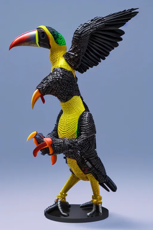 Image similar to a macro photo of a cyborg toucan miniature figurine, dynamic pose, chrome parts, intricate details, intricately detailed textures, warm lighting, vivid colors, realistic octane render, hyper realistic render, volumetric shading, depth of field, raytracing, 8 k,