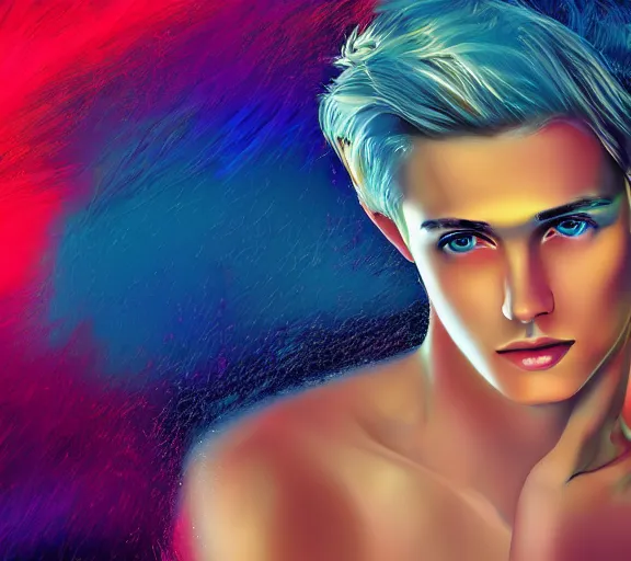 Image similar to extremely beautiful blonde young man with hyperealistic glossy eyes, digital art, colourful background seductive.