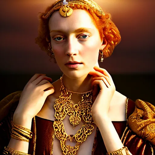 Prompt: photographic portrait of a stunningly beautiful english renaissance female with elaborate gold jewellery, in soft dreamy light at sunset, beside the river, soft focus, contemporary fashion shoot, hasselblad nikon, in a denis villeneuve movie, by edward robert hughes, annie leibovitz and steve mccurry, david lazar, jimmy nelsson, hyperrealistic, perfect face