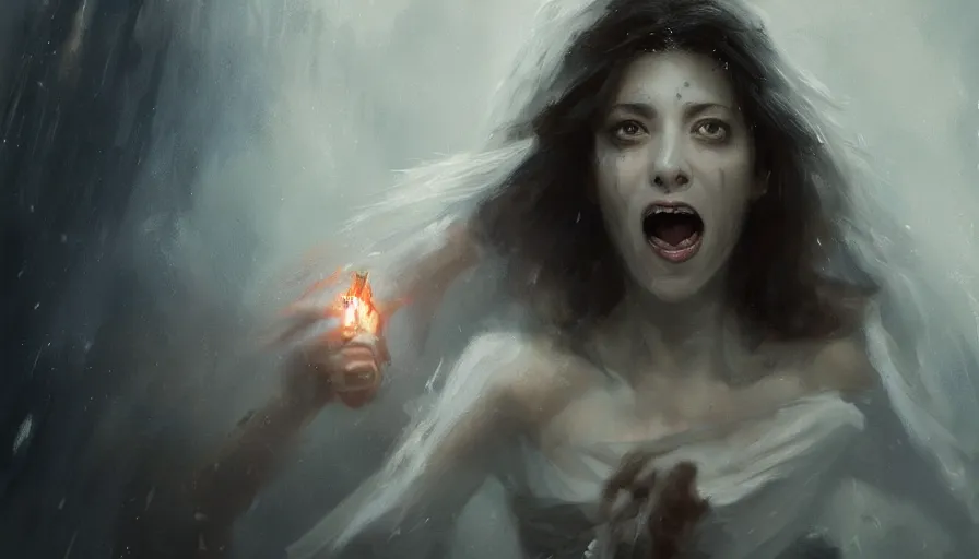 Image similar to A beautiful painting of Mia Sara as a screaming banshee by greg rutkowski and Kalin Popov , Trending on artstation HD.