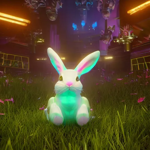 Image similar to neon fluorescent, iridescent cute bunny rabbits with fairy wings cyperpunk 2 0 7 7, unreal engine 5, 8 k ultra realistic, hyperdetailed, volumetric lighting, extremely high quality