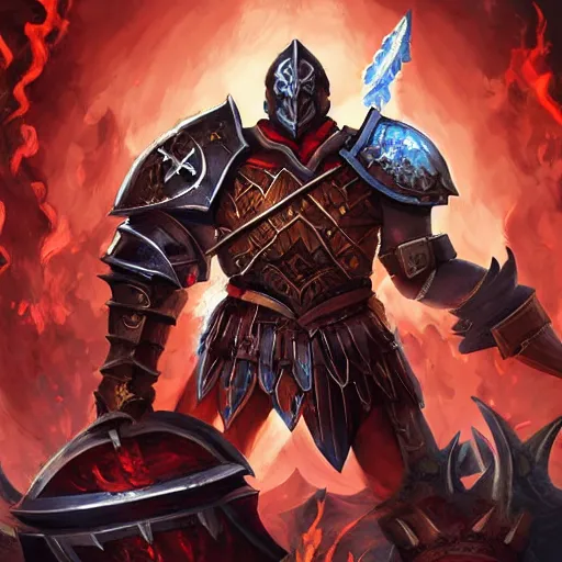 Prompt: Ares the god of war with heavy armor and sword, heavy knight helmet, dark sword in Ares's hand, war theme, bloodbath battlefield background, fiery battle coloring, hearthstone art style, epic fantasy style art, fantasy epic digital art, epic fantasy card game art