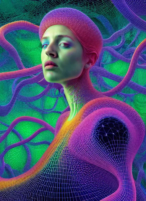 Image similar to hyper detailed 3d render like a Oil painting - Aurora (Singer) seen Eating of the Strangling network of yellowcake aerochrome and milky Fruit and Her delicate Hands hold of gossamer polyp blossoms bring iridescent fungal flowers whose spores black the foolish stars by Jacek Yerka, Mariusz Lewandowski, Houdini algorithmic generative render, Abstract brush strokes, Masterpiece, Edward Hopper and James Gilleard, Zdzislaw Beksinski, Mark Ryden, Wolfgang Lettl, hints of Yayoi Kasuma, octane render, 8k