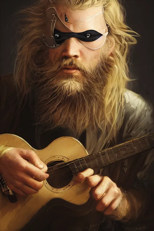 Prompt: blonde wild hair beard man, pirate eye - patch, playing guitare, close - up portrait, powerfull, intricate, elegant, volumetric lighting, scenery, digital painting, highly detailed, artstation, sharp focus, illustration, concept art, ruan jia, steve mccurry