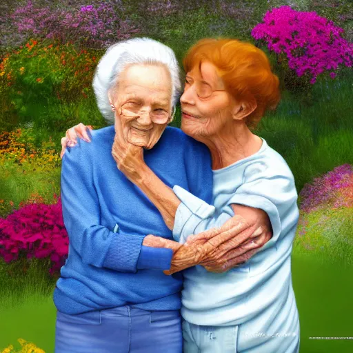 Prompt: A photo 95-year-old lady hugging her 75-year-old daughter in a garden, concept art, trending on art station, 4k, 8k, high detailed