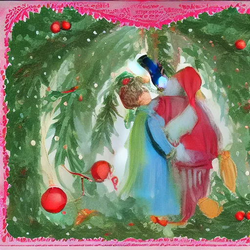 Prompt: the holly and the ivy Christmas song Gouache painting illustration