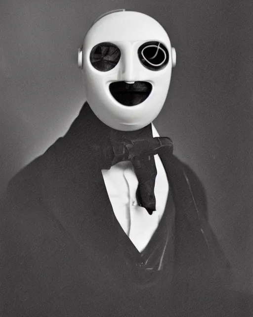 Prompt: retro photo portraits of a anthropomorphic-robot cyber-face techno mask in black tie suit by Louis Daguerre