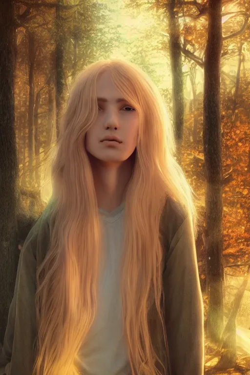 Image similar to pretty young man with long golden blond hair, demure, slender, lose, symmetrical face, trees, detailed forest background, webtoon, breathtaking scenery, colourful, 8 k, graphic novel, digital art trending on artstation, volumetric lighting, octane render, cinematic, hyper detailed, magical atmosphere, realistic