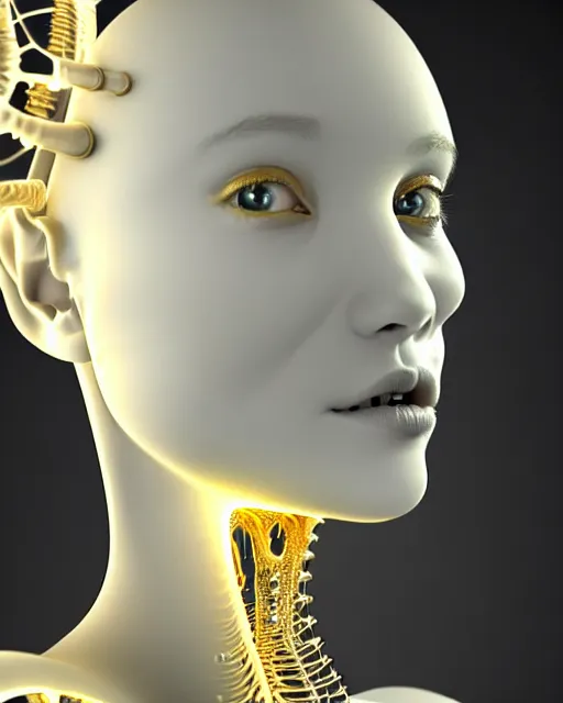 Image similar to white background, halo, dreamy foggy elegant soft luminous profile face 3 d render of a beautiful young golden biomechanical - female - cyborg with a delicate detailed gold mandelbrot fractal texture skin and a very long neck with white gothic pearl embroidered collar, white smoke atmosphere, hg giger, 8 k