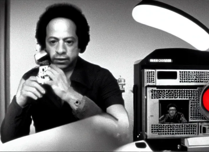 Image similar to film still of young old Cheech Marin with HAL 9000 computer in the background as Dr. Dave Bowman in 2001 A Space Odyssey