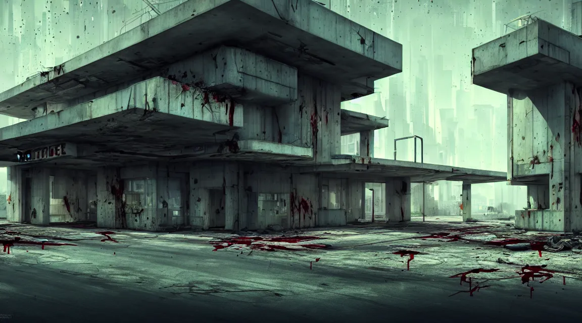 Image similar to post apocalyptic police station, building, avenue, extremely detailed, modern architecture, contemporary architecture, americana architecture, concrete architecture, tar roads, by shaddy safadi, neil blevins, trending on artstation, high quality, photorealistic, wild vegetation, blood stains on walls, 4 k resolution blade runner