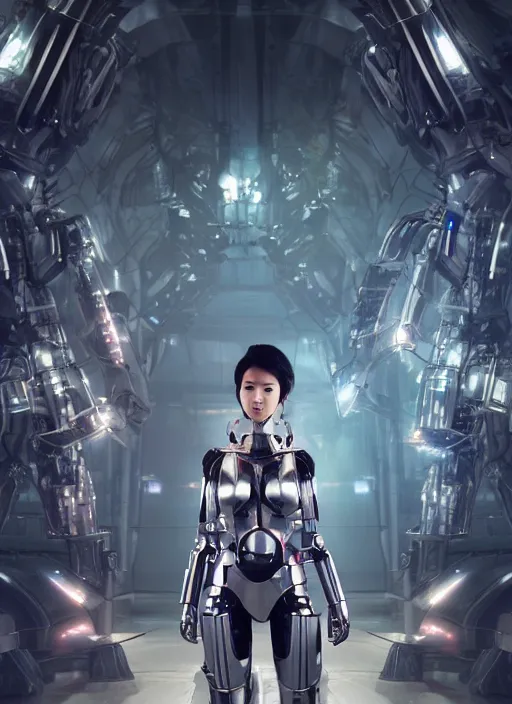 Image similar to a young attractive beautiful Asian woman wearing mecha armor inside a sci-fi hangar, dramatic pose, chrome, glowing LEDs, wires and cables, highly detailed, photorealistic, volumetric lighting, digital art, octane render, in the style of Artgerm and Tom Bagshaw