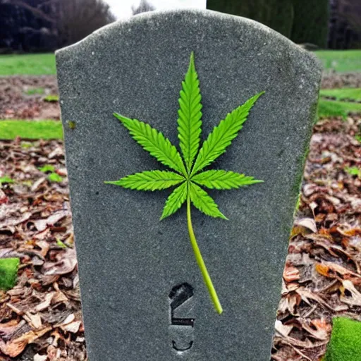 Prompt: a gravestone that looks like a cannabis leaf