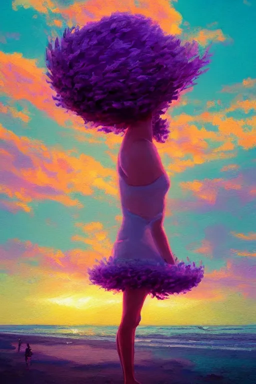 Image similar to closeup, giant lilac head, girl on beach, surreal photography, golden hour, colorful clouds, impressionist painting, digital painting, artstation, simon stalenhag